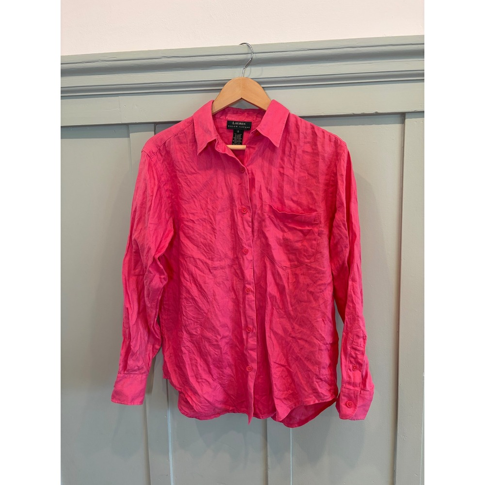 Lauren Ralph Lauren Womens Hot Pink 100% Linen Button Down Shirt 8
